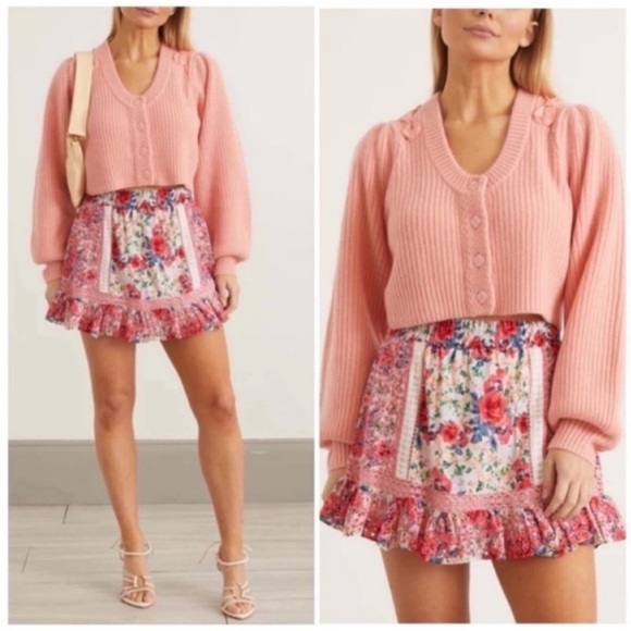LoveShackFancy Branton Cashmere Cropped Cardigan Sweater Pink